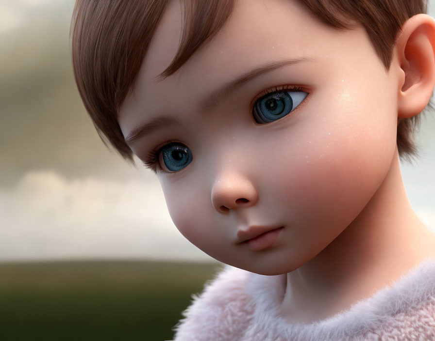 Detailed 3D-rendered child with blue eyes and pink outfit on cloudy background