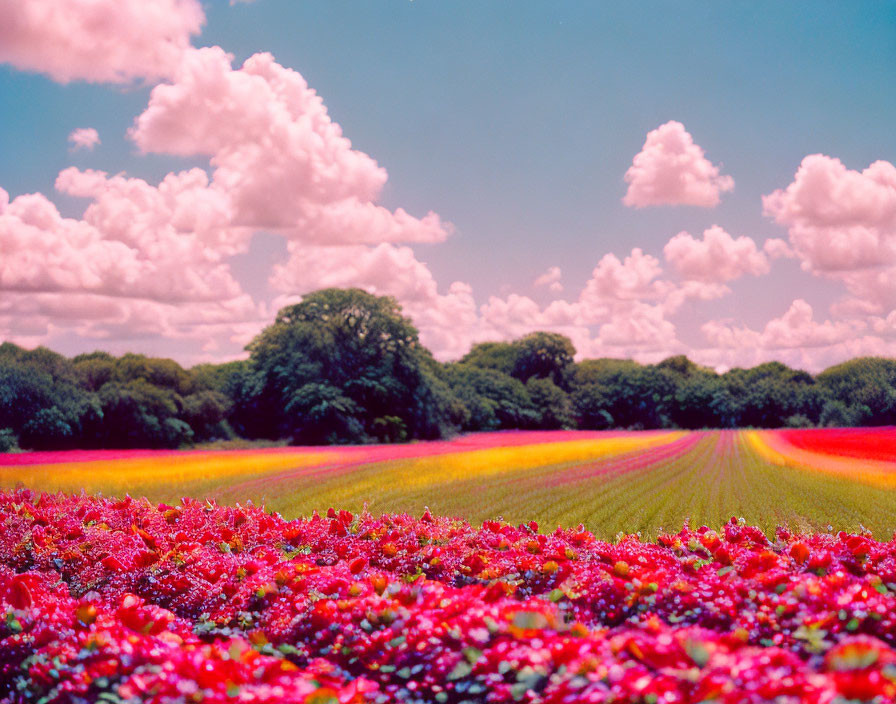 Colorful Field of Red Flowers Under Fluffy Clouds