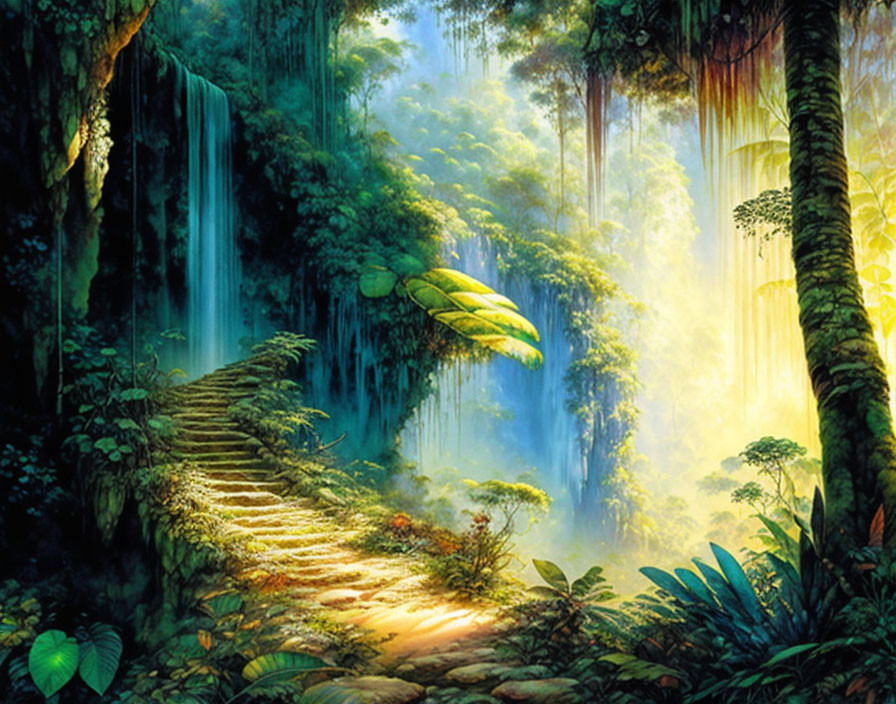 Enchanting forest scene with stone staircase, lush greenery, waterfall, and ethereal light.