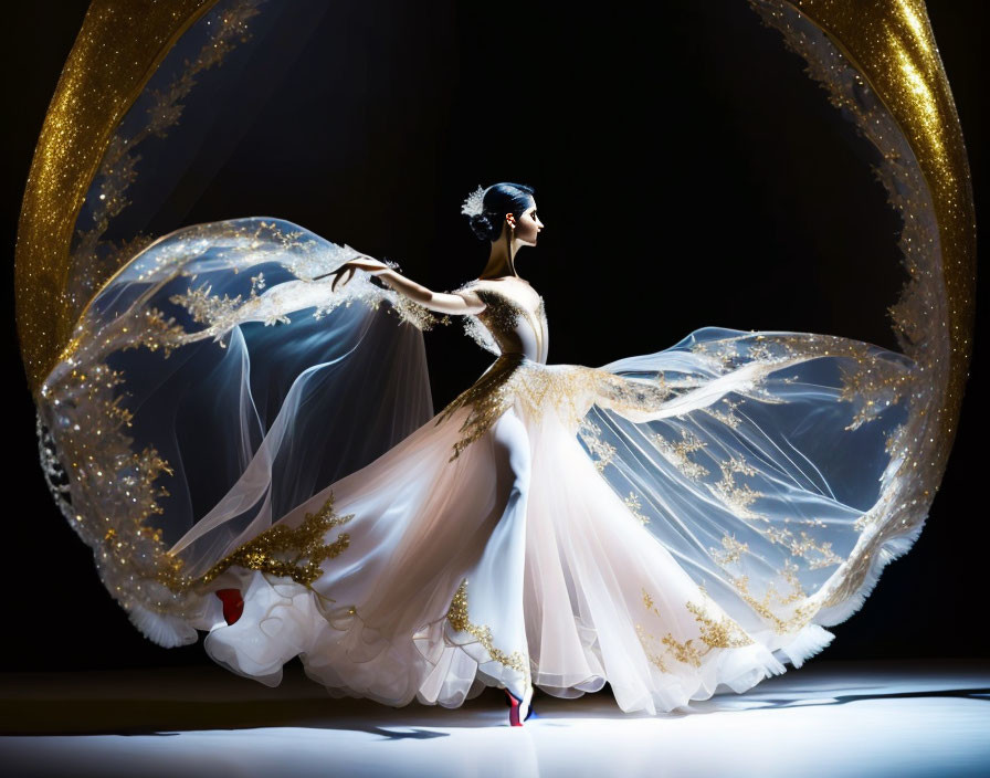 Ballet dancer in white and gold costume on stage