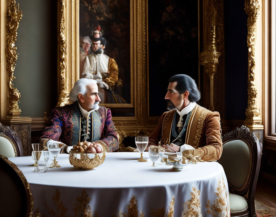 Men in historical attire at elegant table with fine china in grand room.