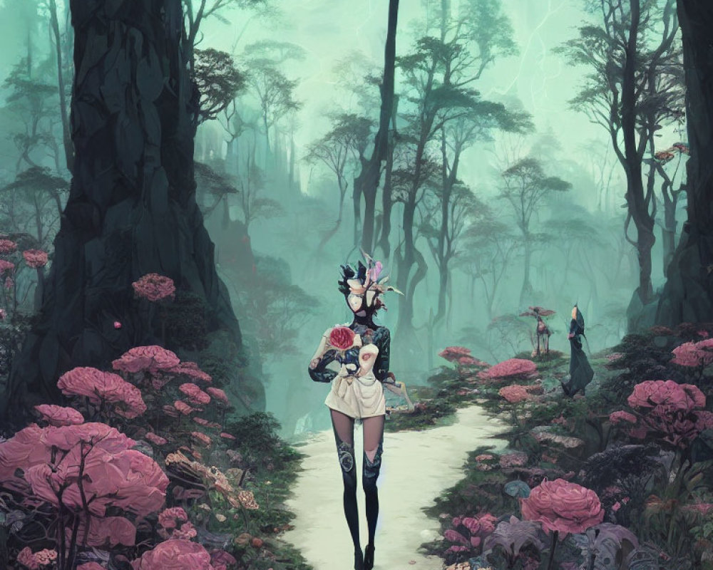 Mystical forest with pink flowers and animal-like figure