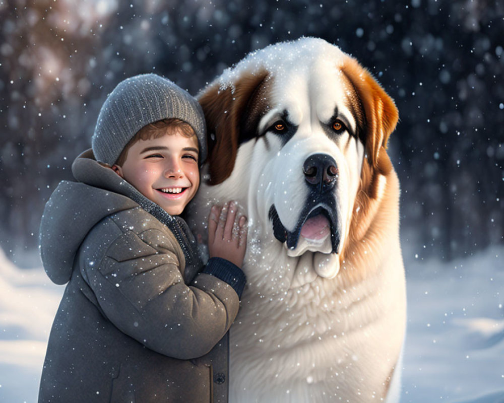 Child in winter clothing hugging fluffy dog in snowfall