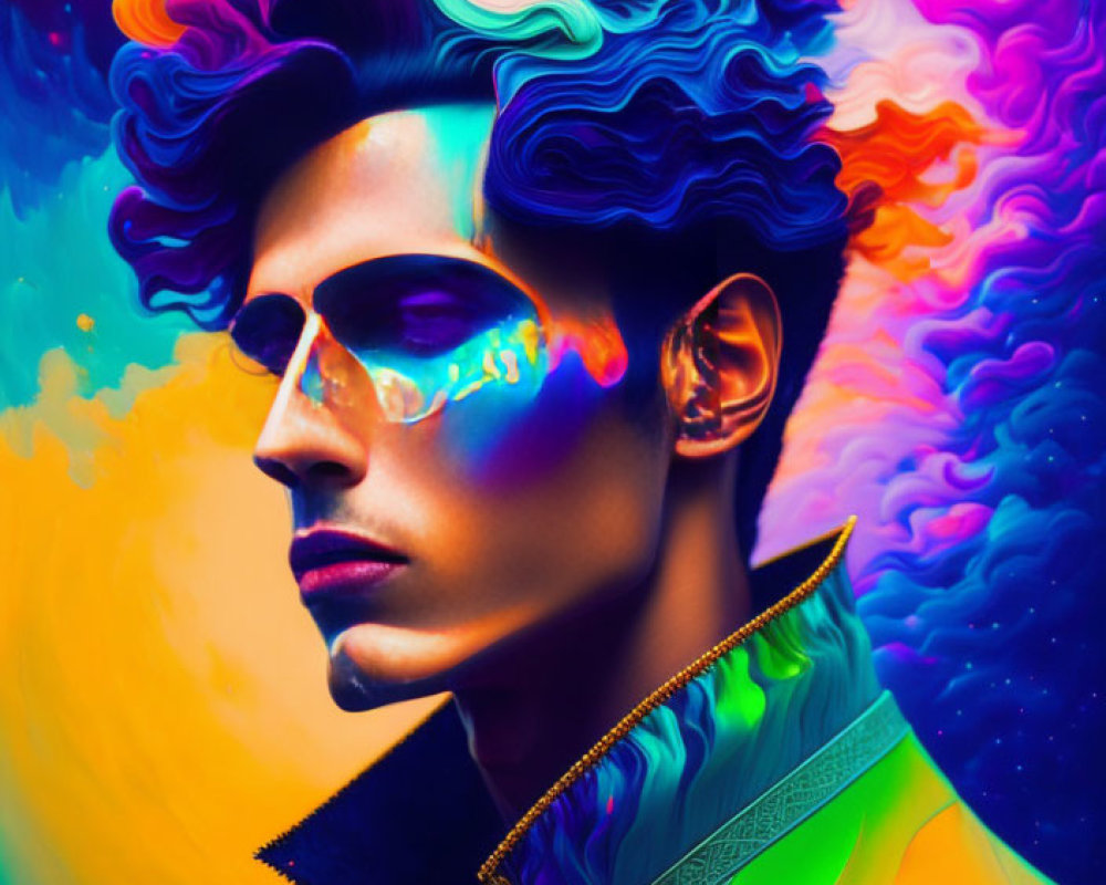 Colorful digital portrait with vibrant hairstyle and sunglasses against vivid backdrop