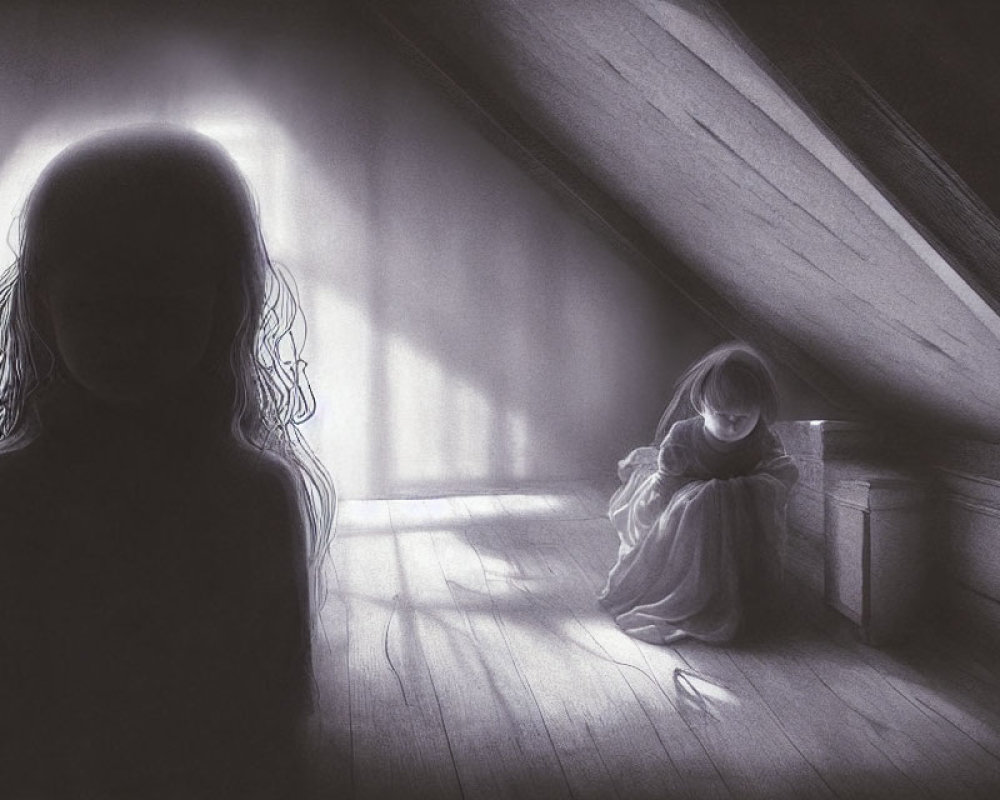 Monochrome image of shadowy figure and child in softly lit corridor