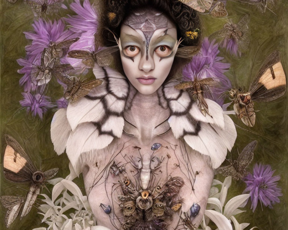 Fantasy portrait of person with moth wings and butterflies in floral setting