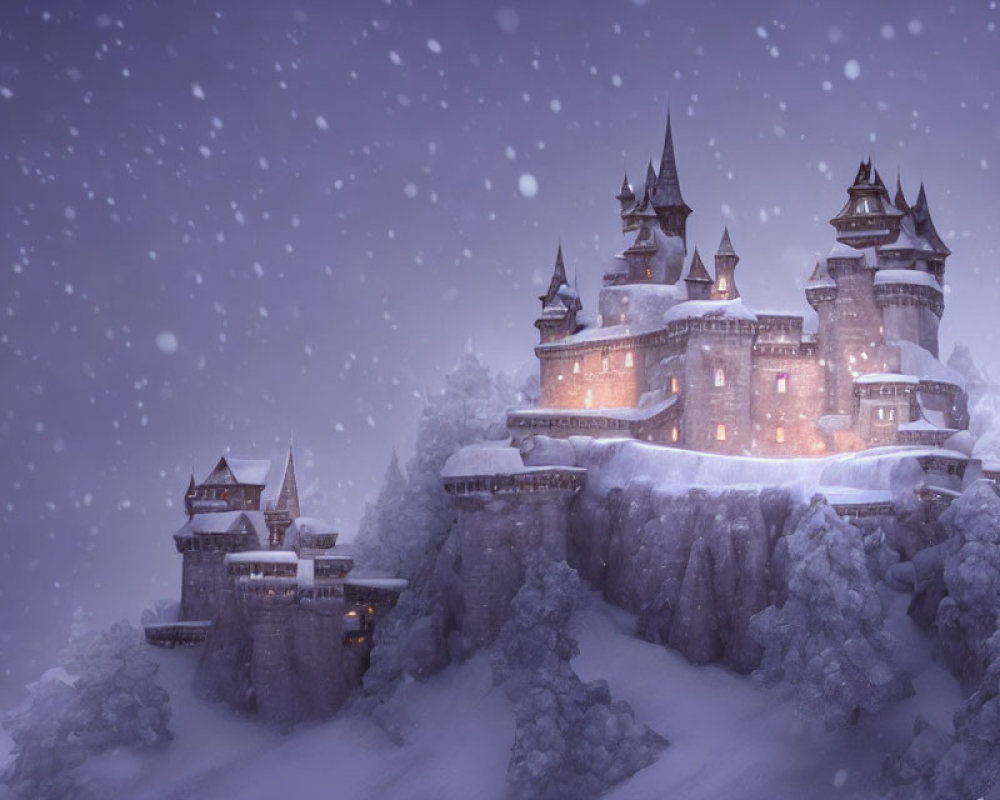 Snow-covered cliffs castle under twilight sky with glowing lights