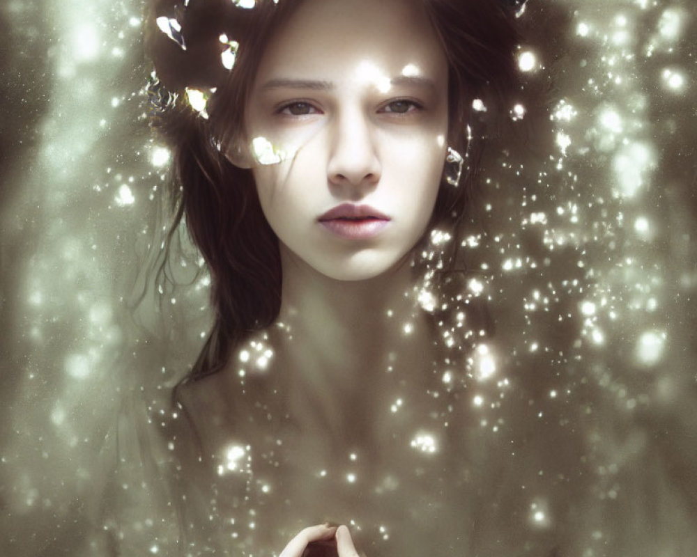 Portrait of a person in dreamlike setting with glowing spots and delicate petals