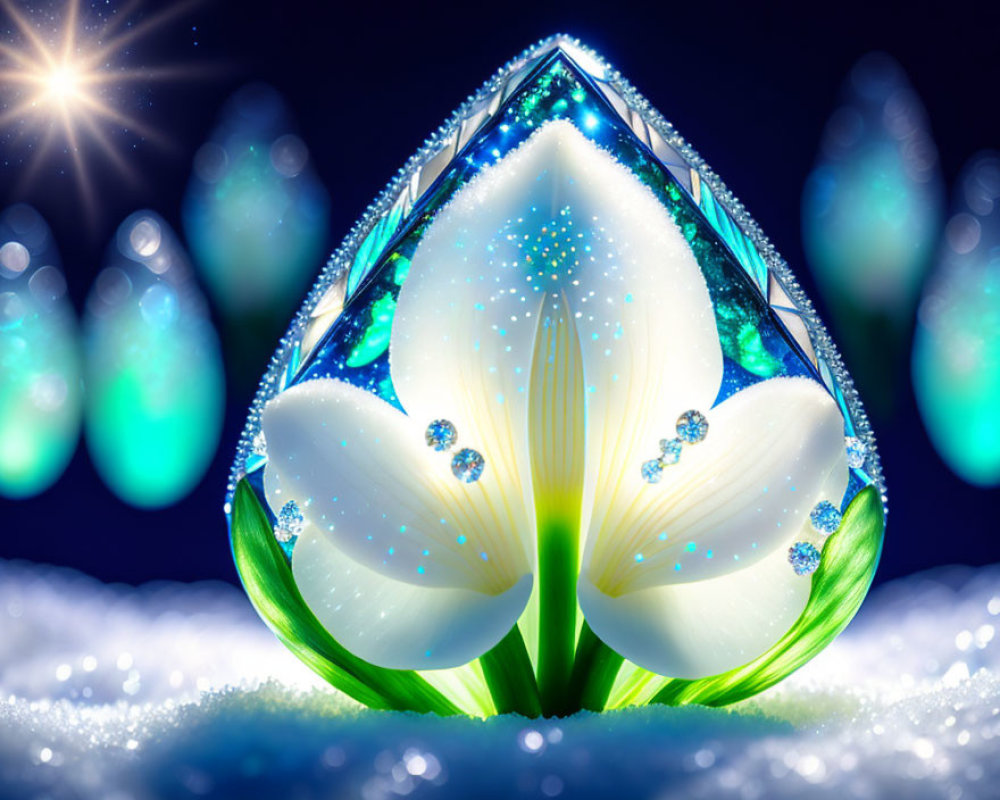 Luminous white flower in jewel-like teardrop on bokeh background