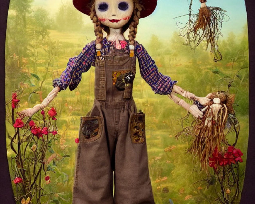 Skull-faced figure in straw hat and overalls in garden with Day of the Dead theme