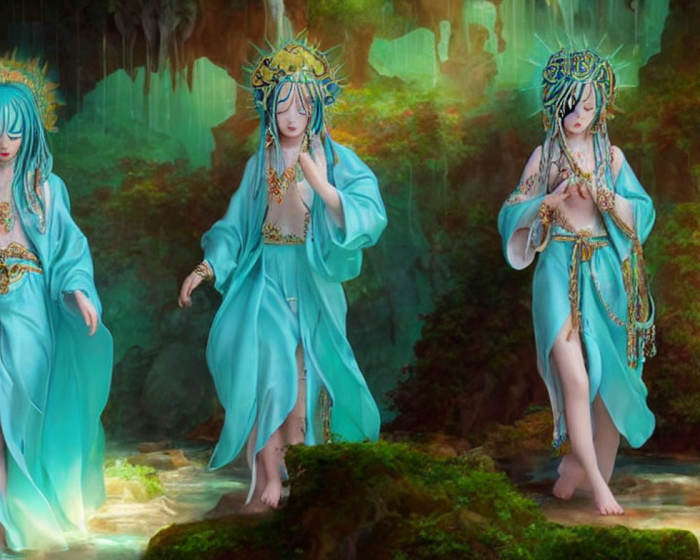 Three female figures in blue dresses and ornate headdresses in mystical forest by a waterfall