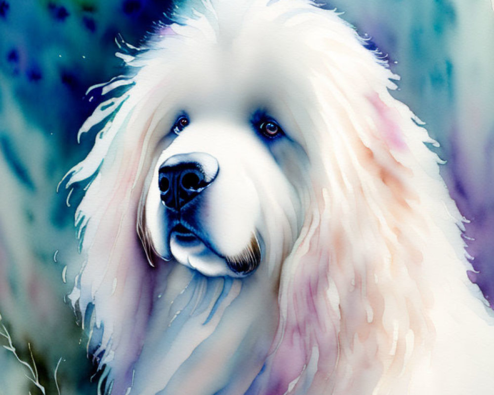 White Fluffy Dog Watercolor Painting in Serene Blue and Purple Hues