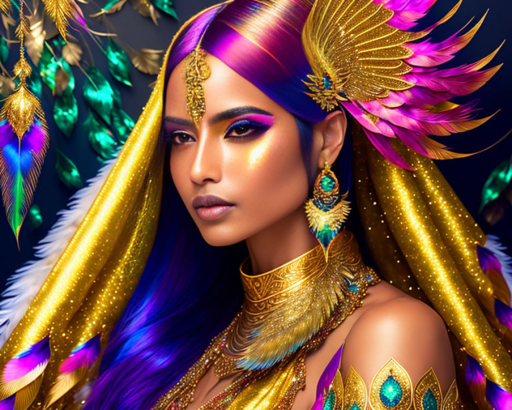 Purple-haired woman in golden jewelry and headpiece with peacock feathers on dark background