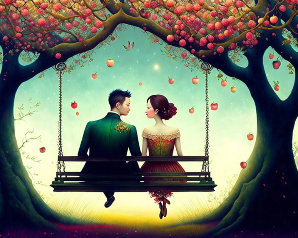 Whimsical couple on swing under apple tree in colorful landscape