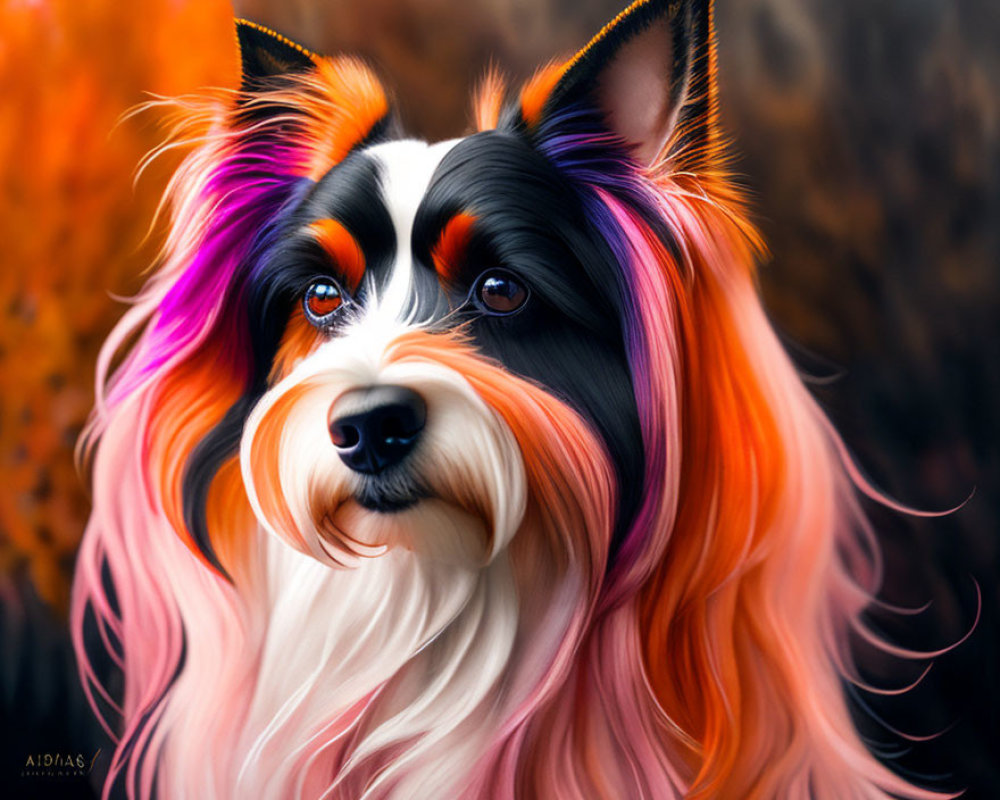 Vivid digitally created dog with red and purple fur & unique eyes