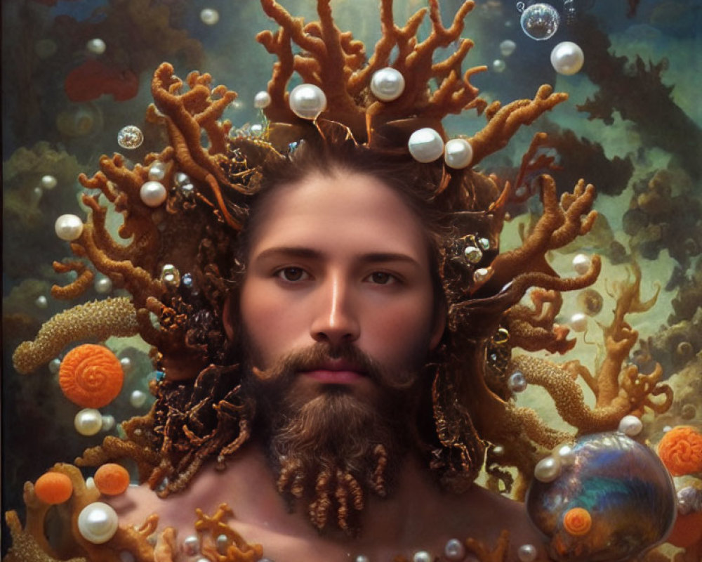 Surreal portrait featuring marine-themed crown underwater