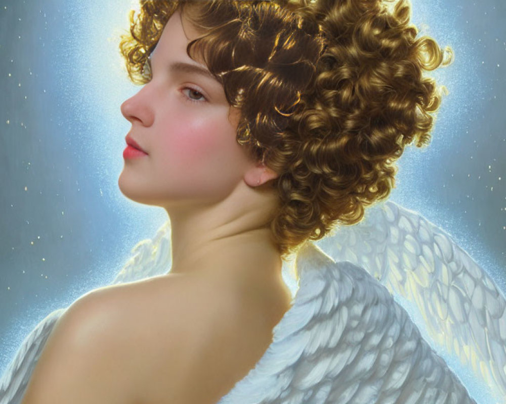 Curly Haired Person with Angel Wings in Serene Portrait