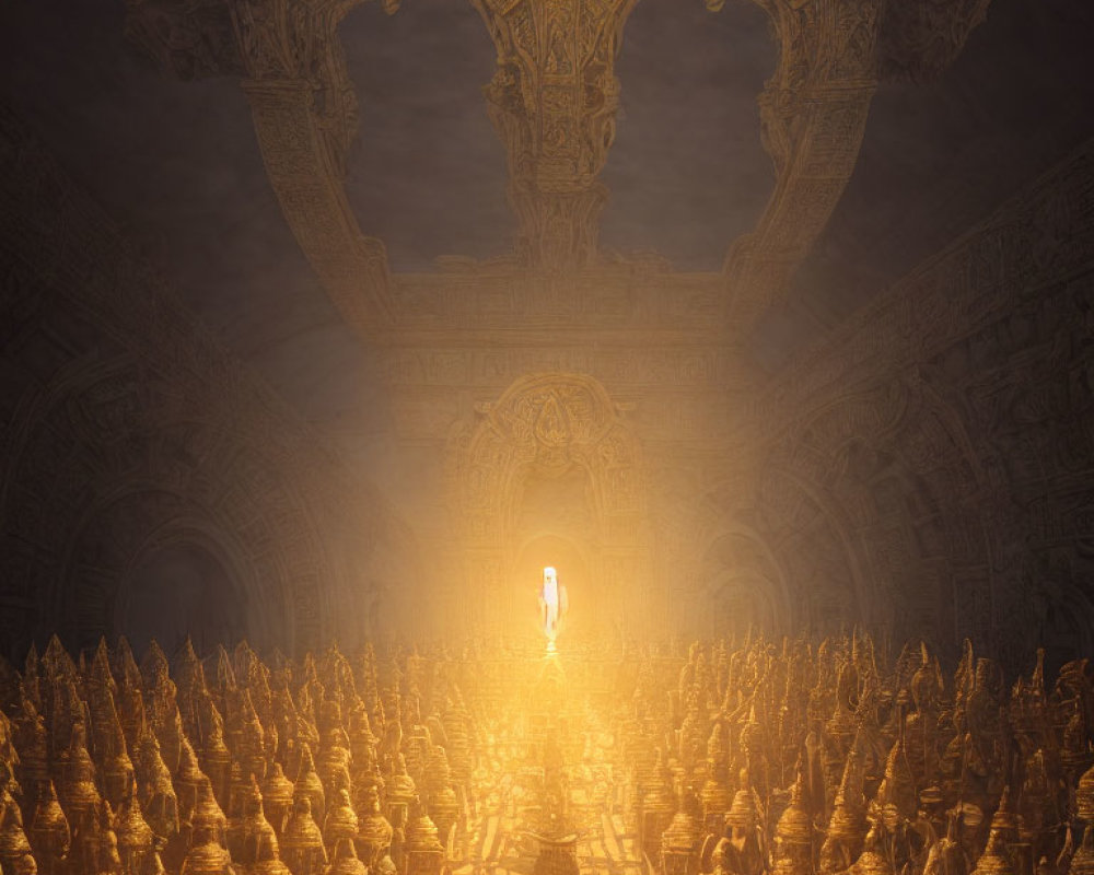 Ornate golden statues line path under glowing ceiling