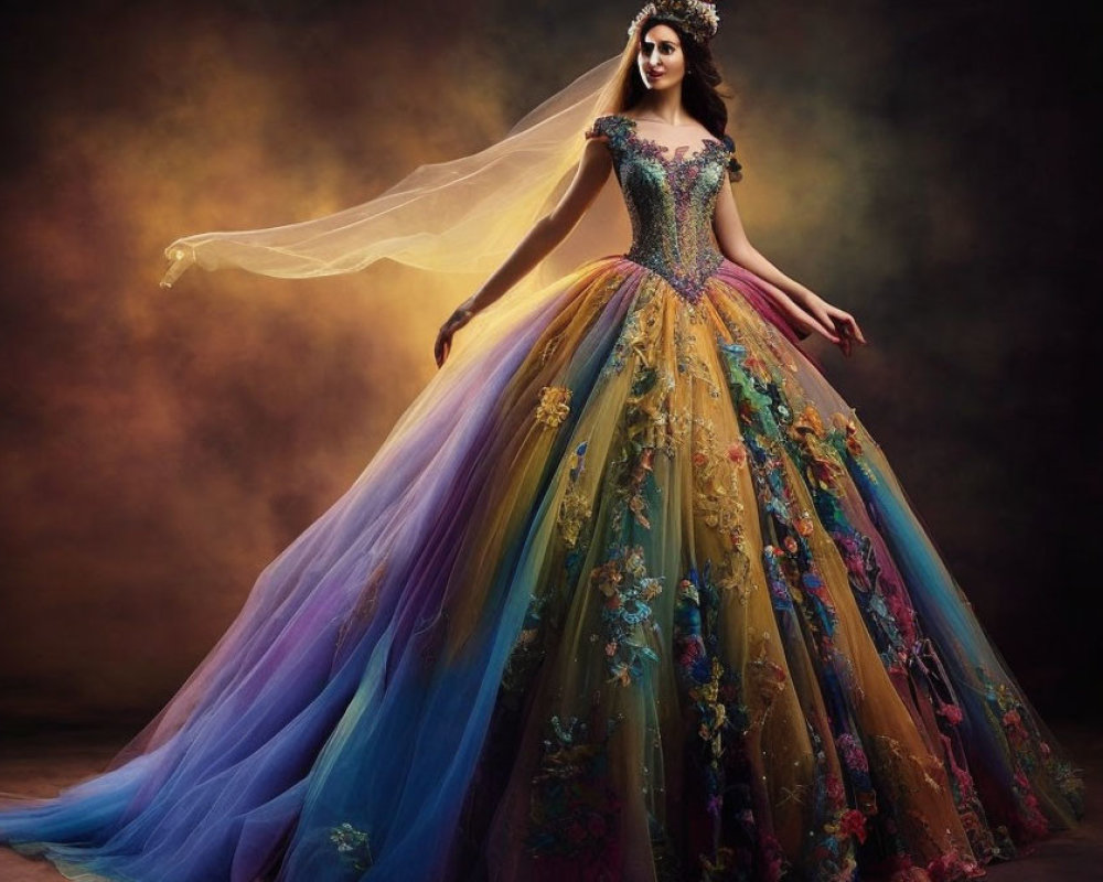 Colorful Rainbow Gradient Gown with Floral Embroidery, Tiara, and Veil