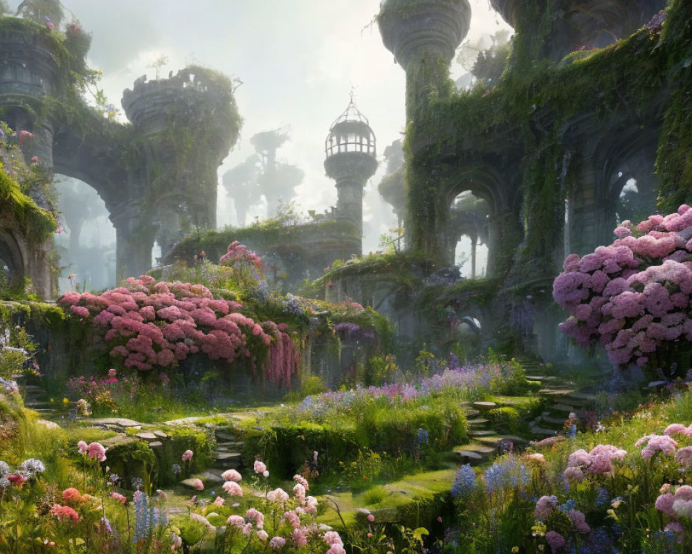 Mystical garden with ancient stone arches, vibrant flowers & ethereal light