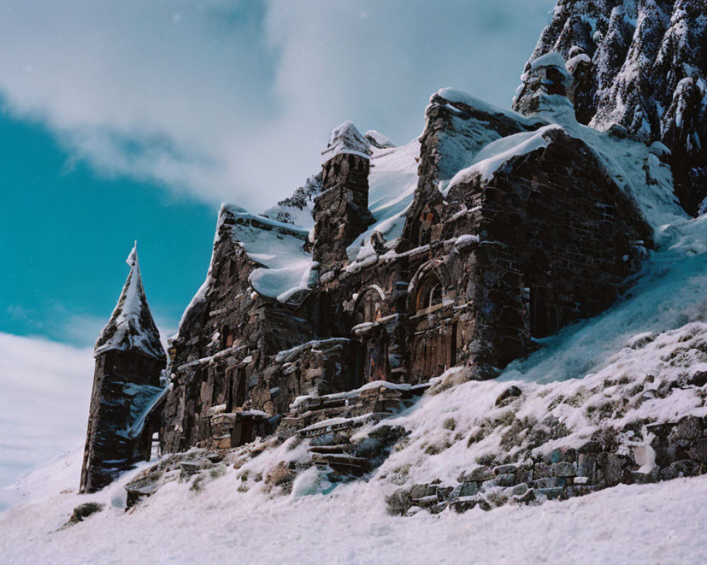 Snow-covered stone building with steep roof on snowy mountain slope