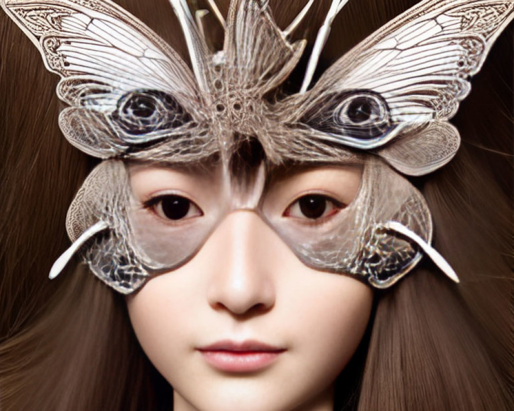 Whimsical butterfly mask on person against brown hair background