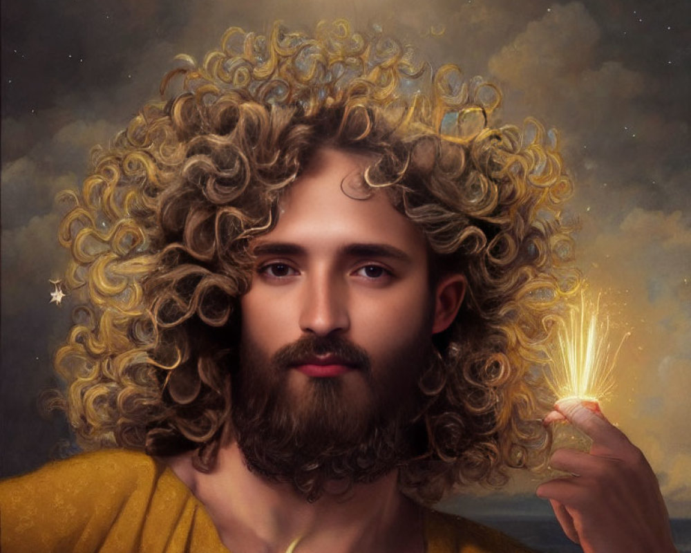 Person with curly hair and beard holding a shining light in golden robe with halo, celestial background