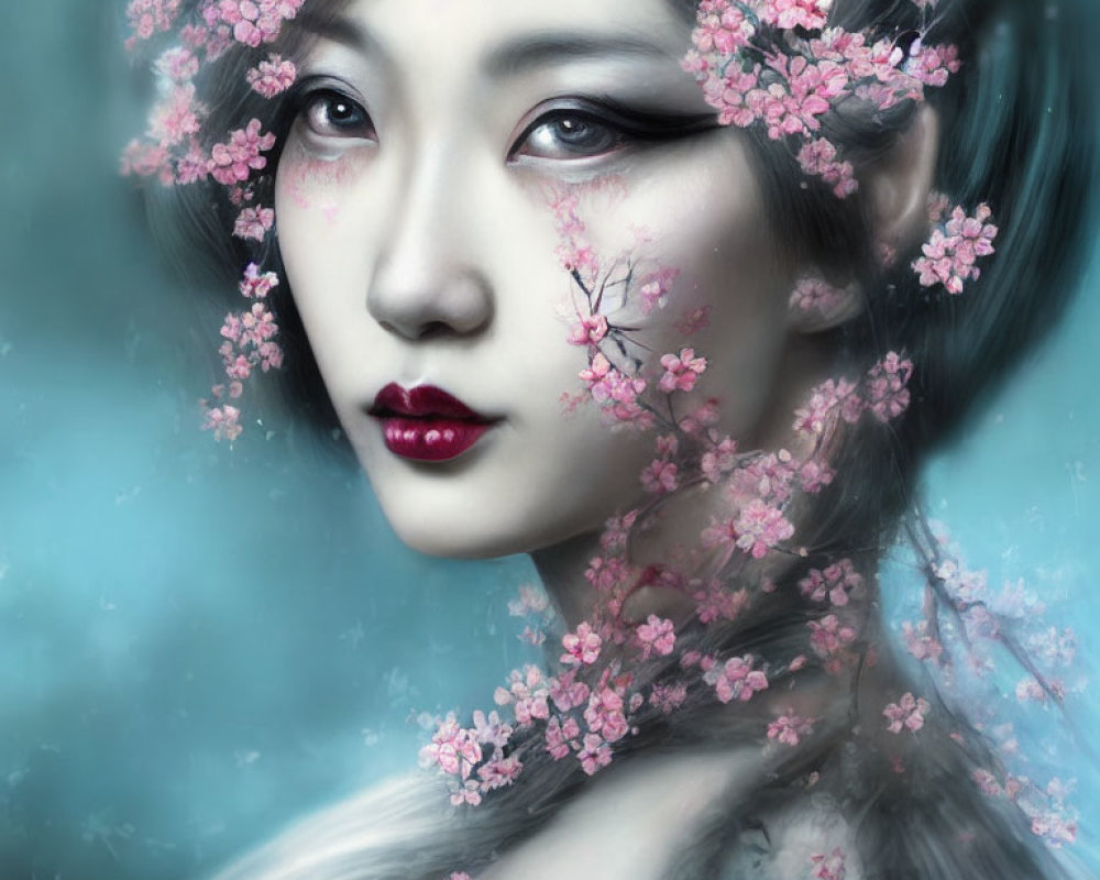 Digital painting: Woman with cherry blossoms in hair on soft blue background