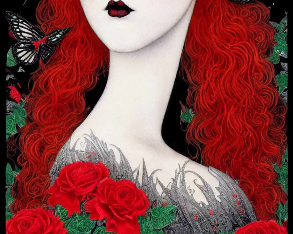 Stylized artwork of pale woman with red hair, black butterflies, and red roses in lacy