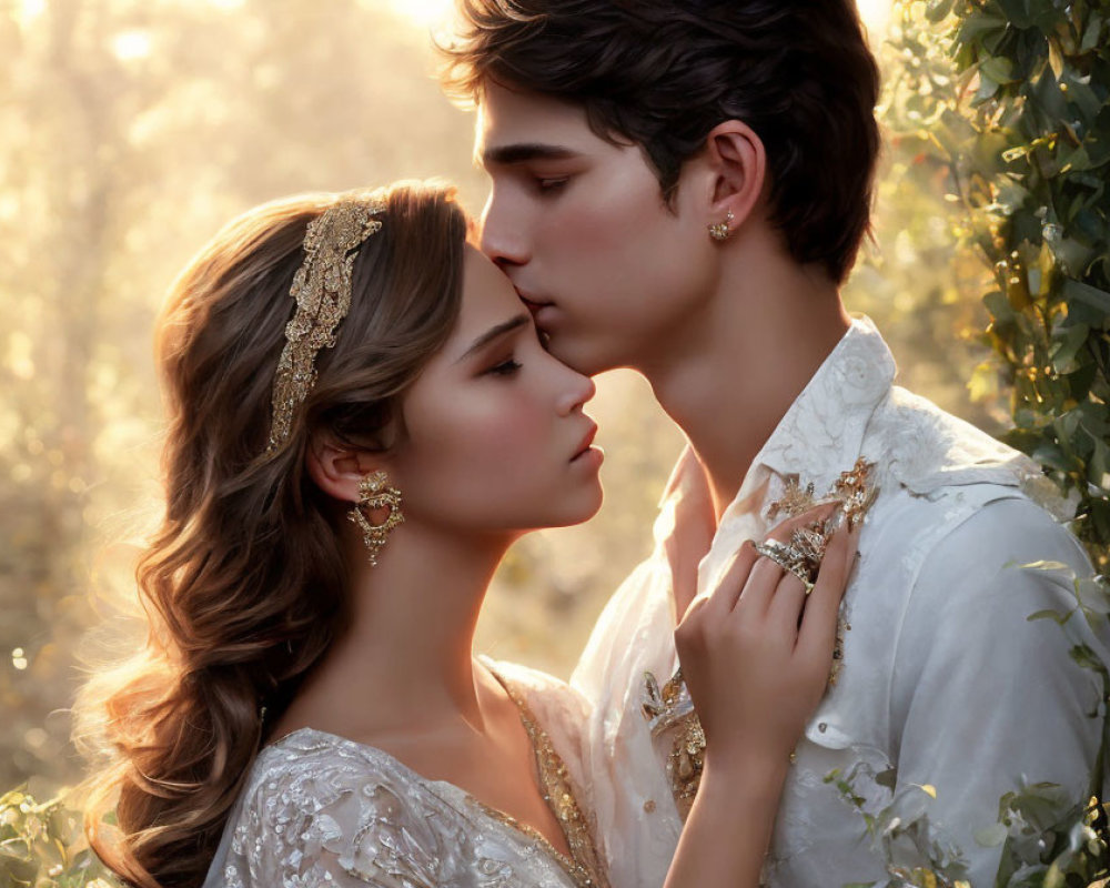 Romantic couple in elegant white attire surrounded by golden light and lush greenery