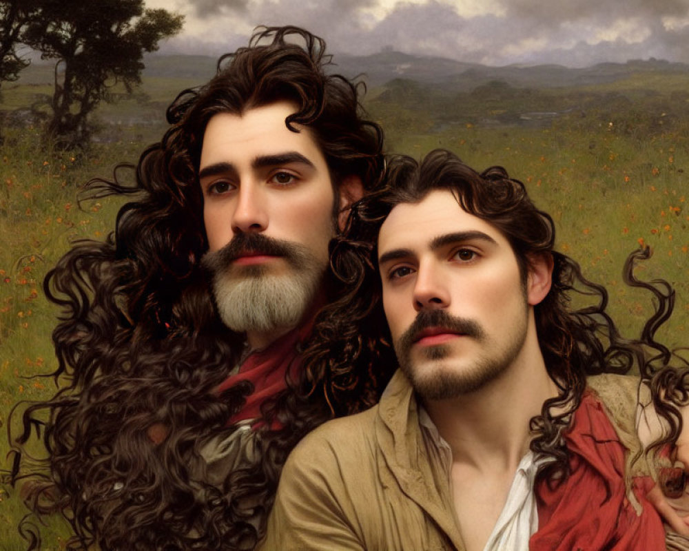 Two men with curly hair and beards in classical attire against pastoral backdrop