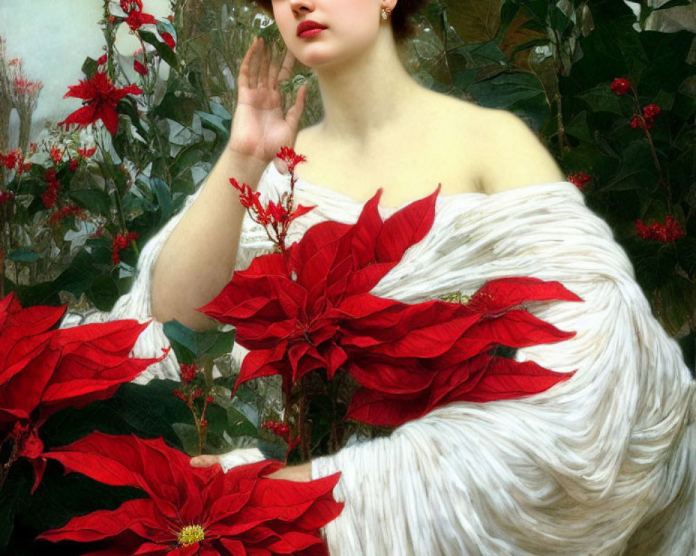 Woman with Dark Hair Surrounded by Red Poinsettias Listening Intently