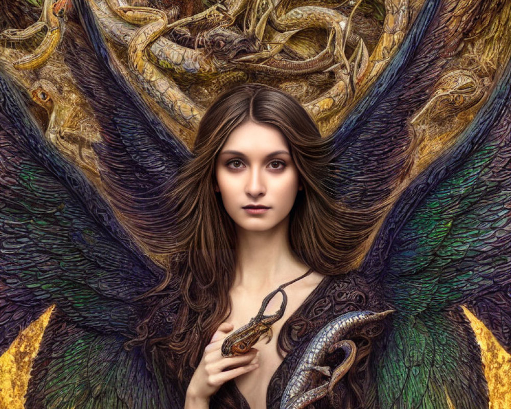 Mythical woman with feathered wings and snakes, evoking legendary creature