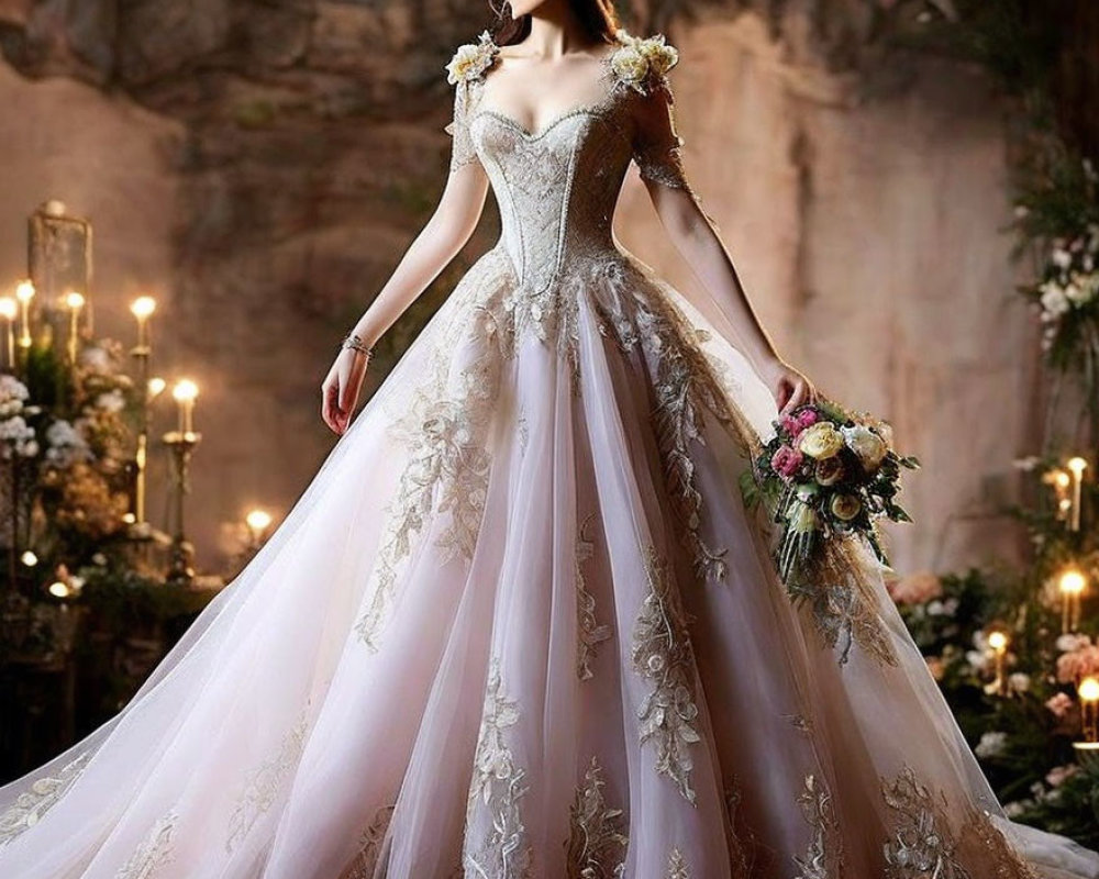 Elegant off-the-shoulder wedding dress with floral embroidery and bouquet in candlelit setting