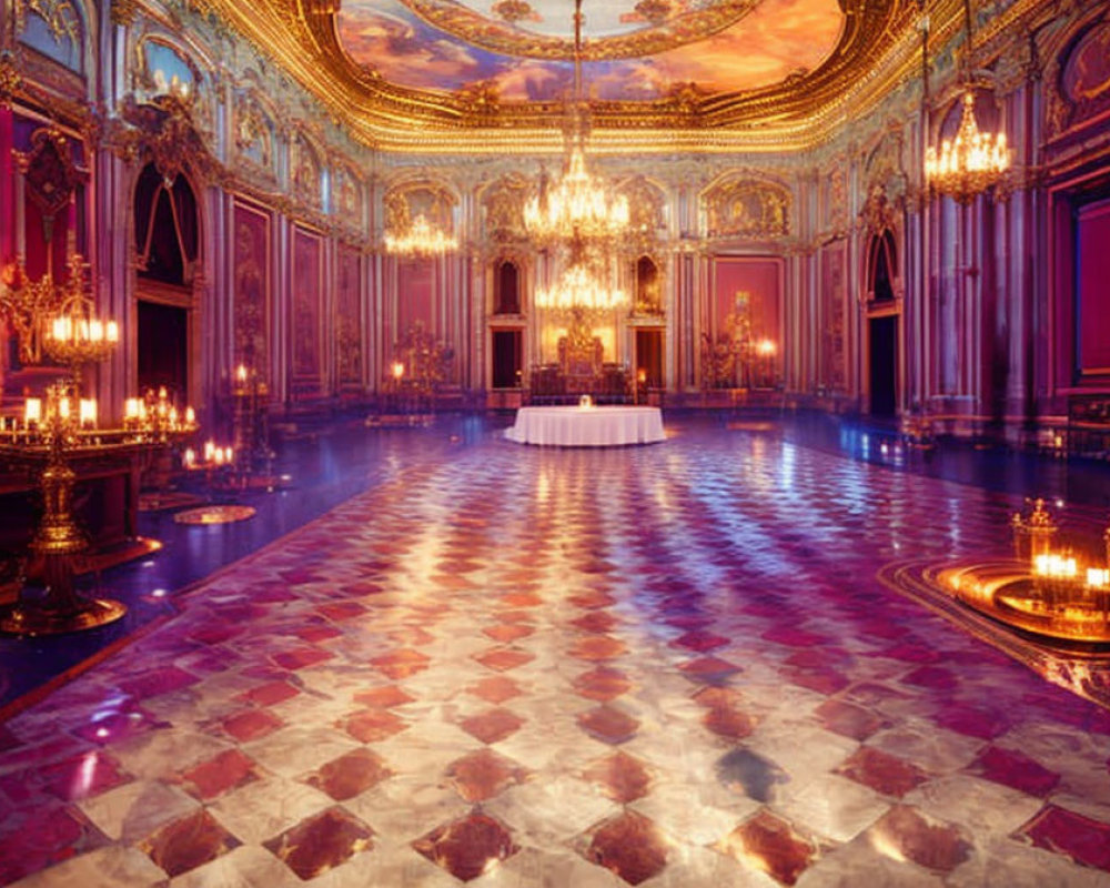 Luxurious ballroom with checkerboard floor, grand chandeliers, gold detailing, purple curtains,