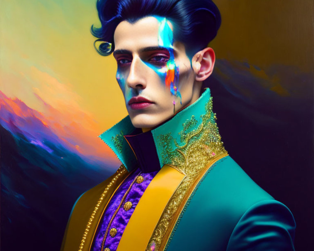 Man with Stylish Hair in Blue and Gold Jacket with Tear-Like Paint Splash