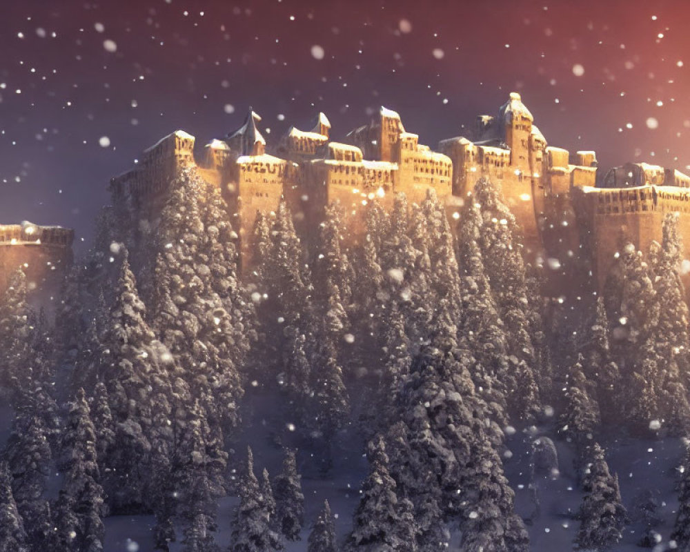 Snow-covered castle in starry twilight with falling snowflakes