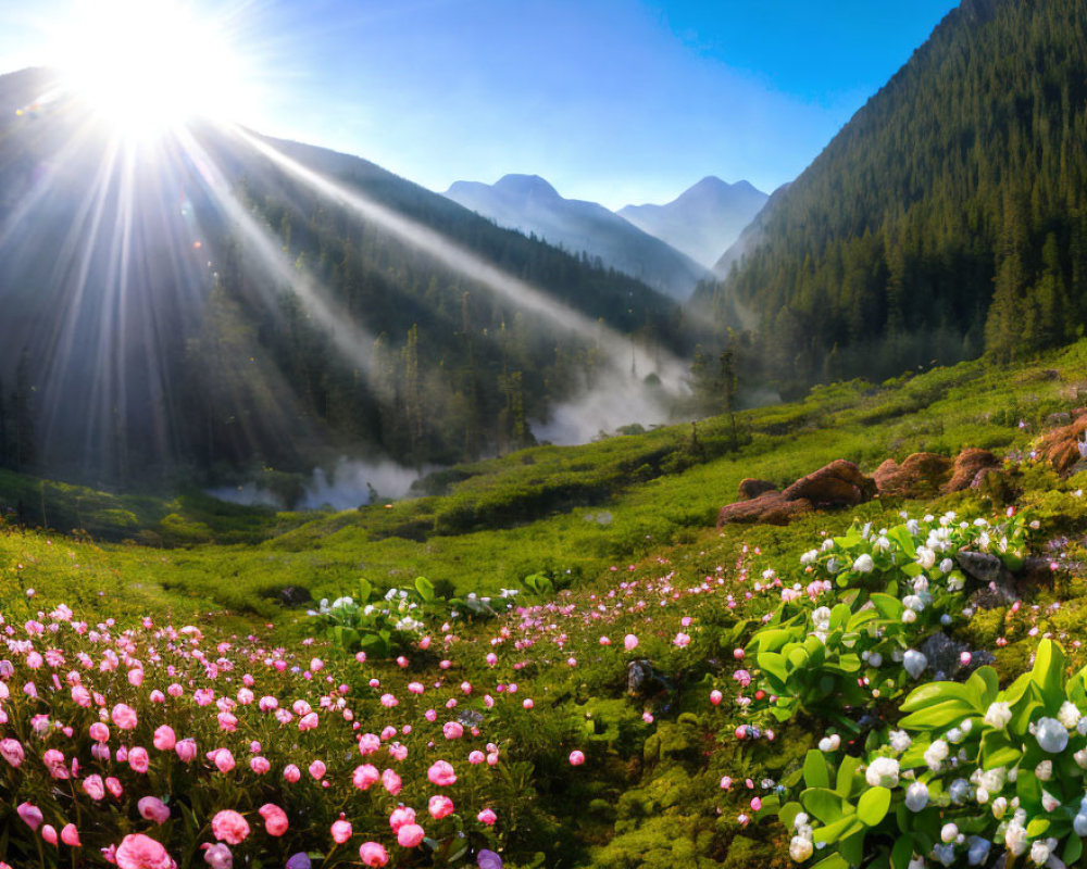 Misty mountain valley at sunrise with sunbeams and pink flowers