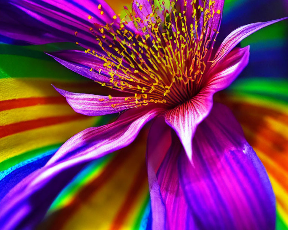 Colorful Purple Flower with Golden Stamens on Rainbow Background