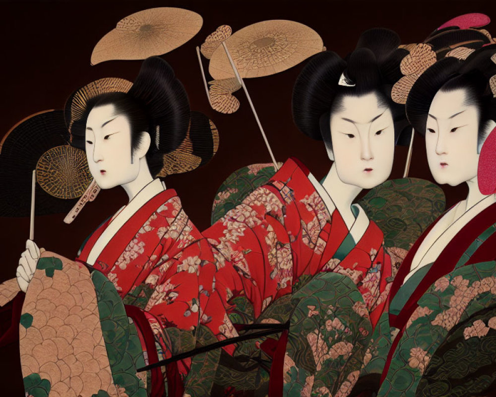 Geishas in traditional attire with fans and umbrellas on dark background