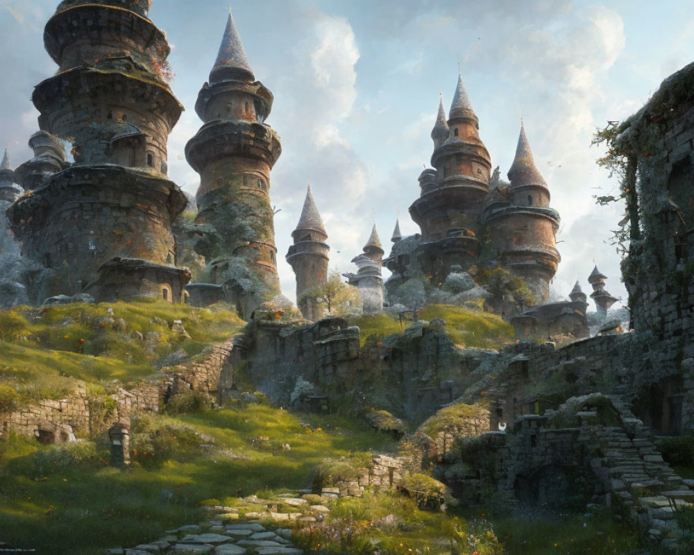 Ancient stone towers in lush, overgrown landscape