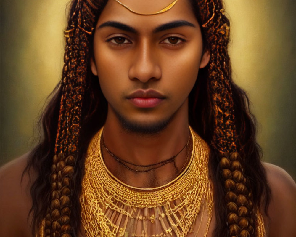 Portrait of a person with braided hair and golden jewelry on blurred golden background