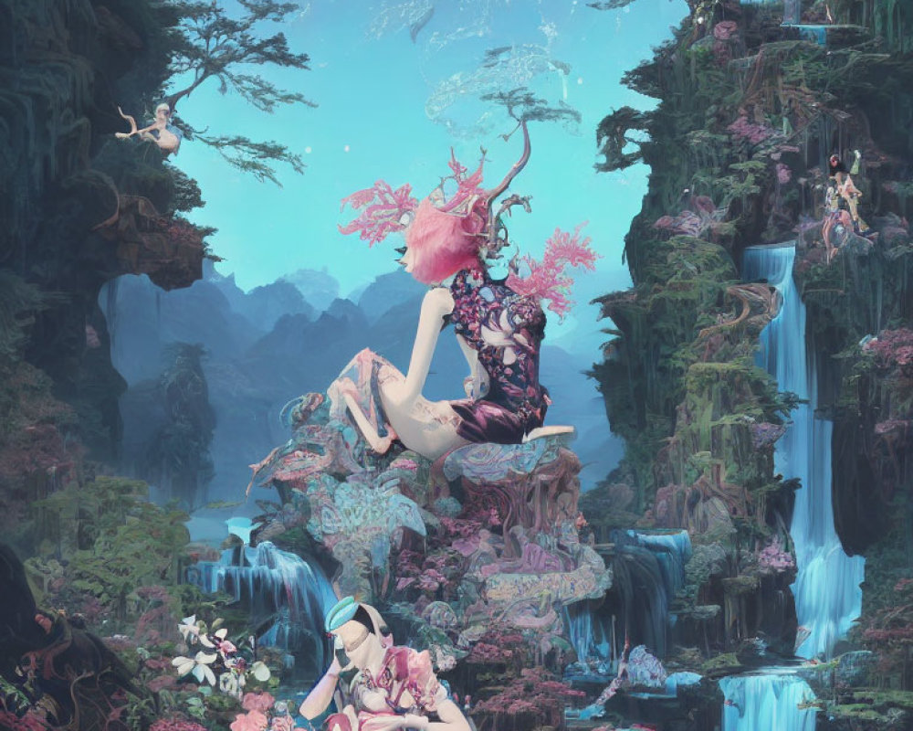 Giant Woman in Fantasy Scene with Waterfalls and Magical Flora