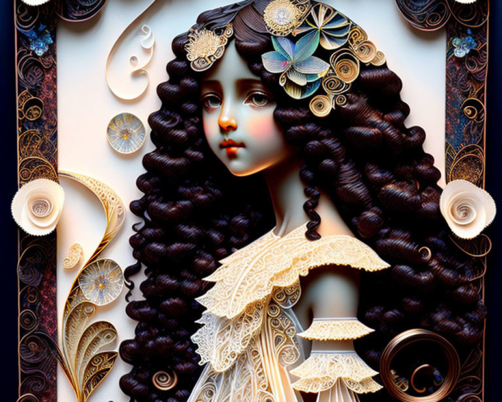 Detailed vintage frame with floral motifs surrounding a curly-haired girl.