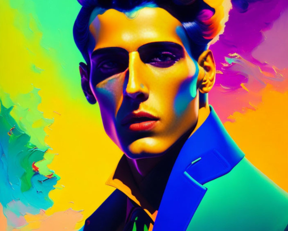 Vibrant portrait of a stylized man in blue suit against colorful backdrop