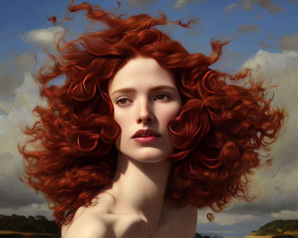 Red-haired woman with fair skin in serene pose under cloudy sky