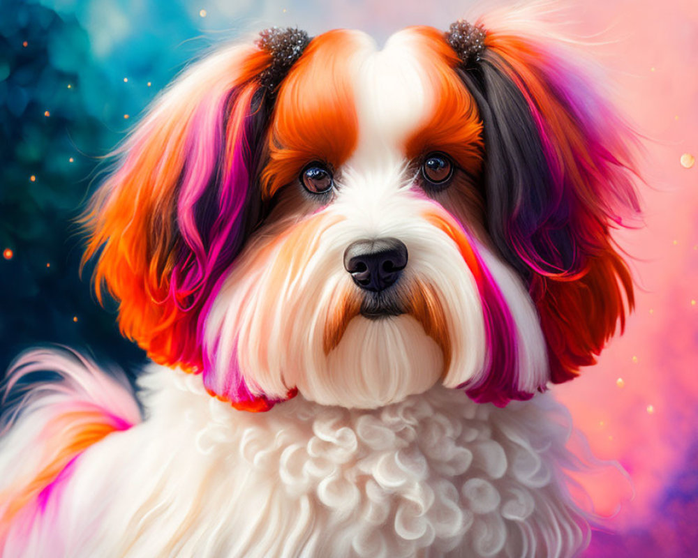 Colorful Fluffy Dog Digital Art with Pink and Orange Fur