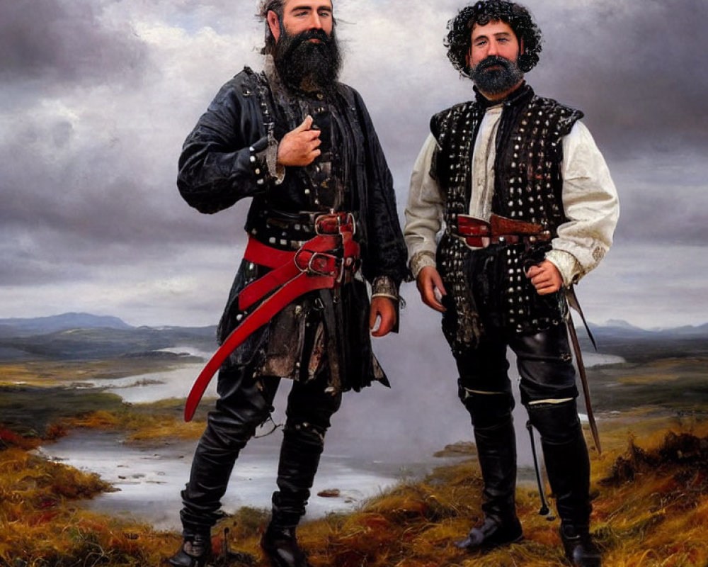 Men in traditional highland attire with beards, one holding a sword, in moorland setting