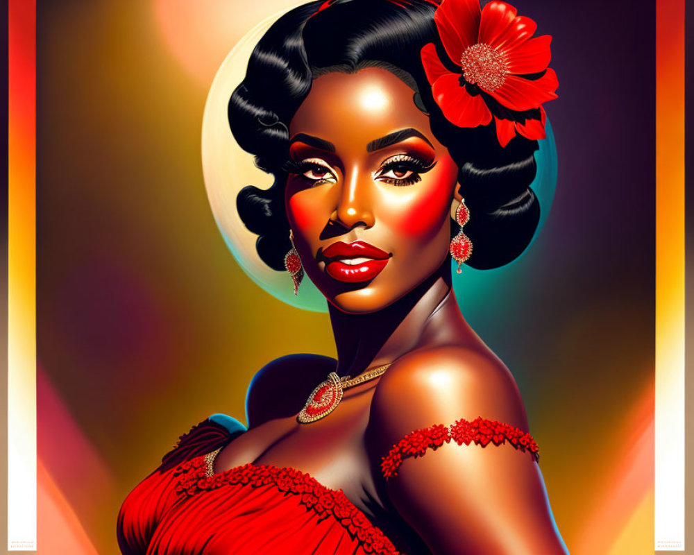 Vintage-inspired Woman Illustration with Red Flower, Halo Effect, Red Dress, and Jewelry