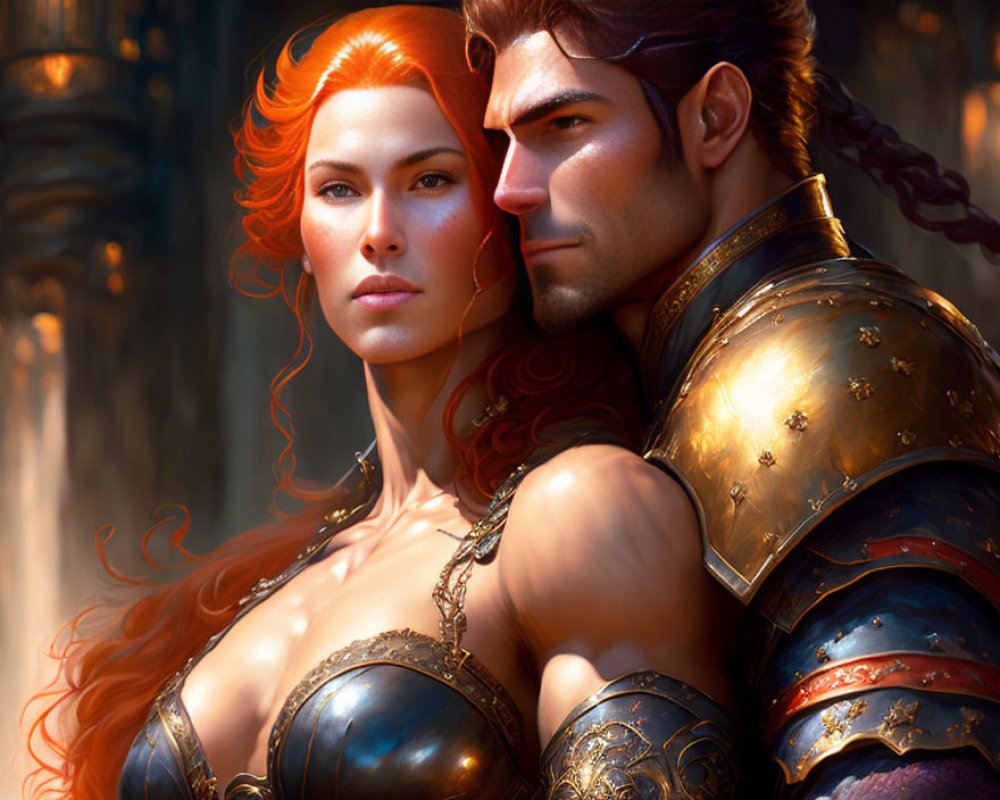 Red-haired female warrior embraces dark-haired male warrior in forest setting